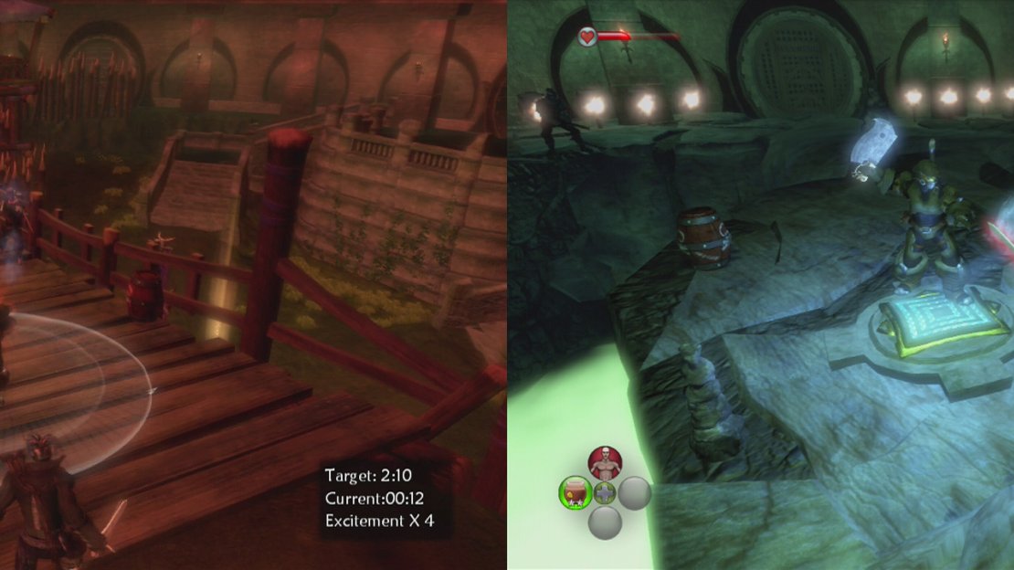 In Round 5, make your way to the back of the room ASAP and fight on the bridge (left). In Round 6 fight in the centre and use the pressure plates to kill the ranged attackers (right).