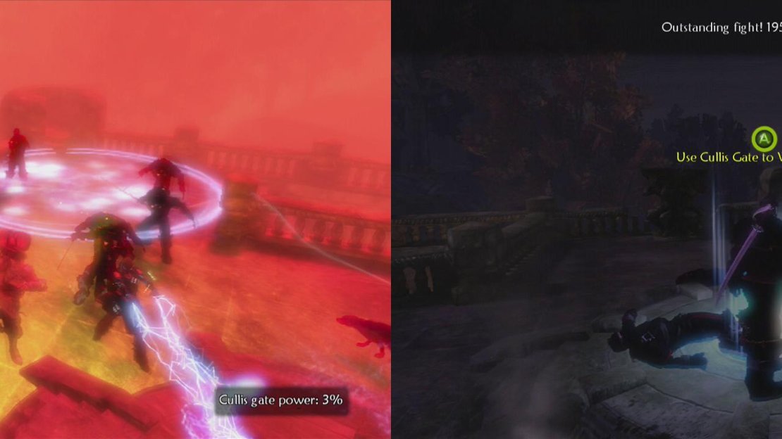 Defend Garth whilst he works on the gate (left) and then use the gate when it is ready (right).