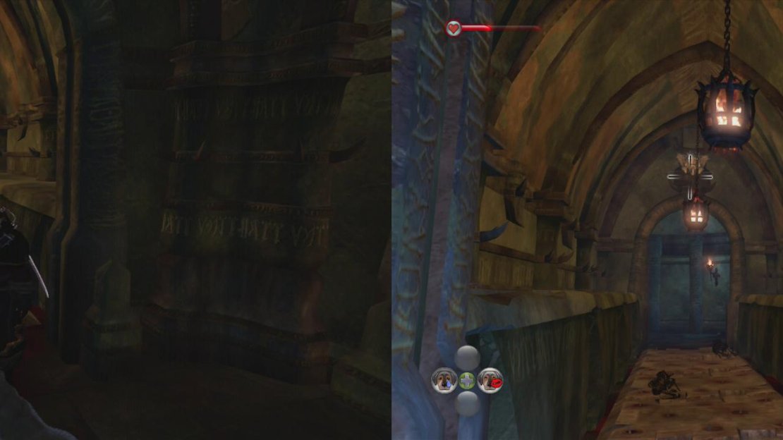 Make your way across the spike traps on the floor (left), then once you are across, turn around and shoot the gargoyle (right).
