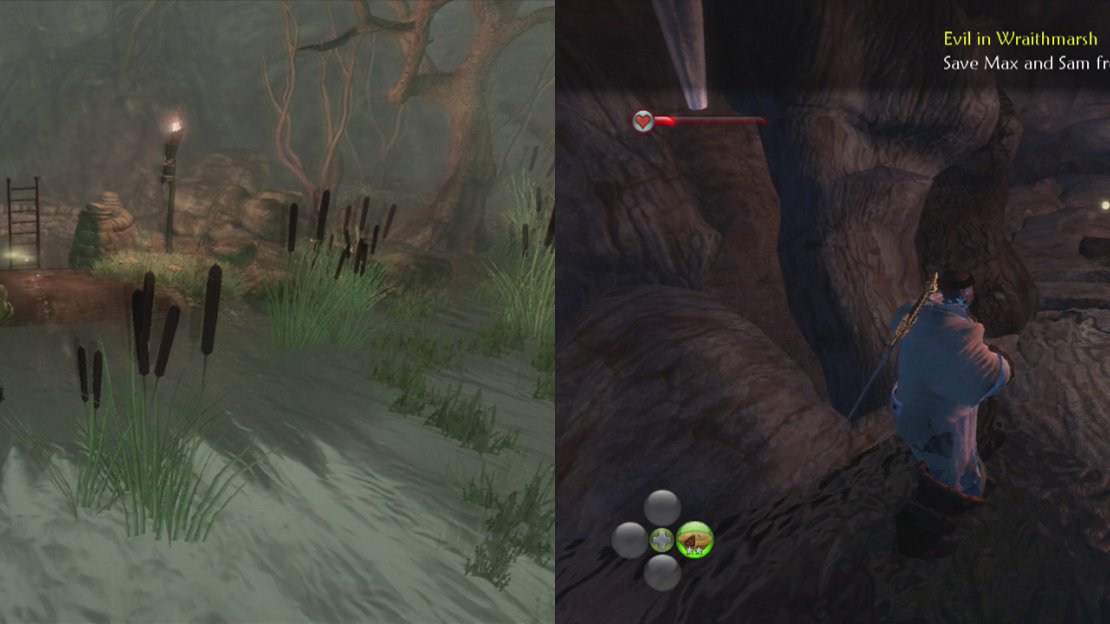 Enter the well by the Drowned Farm (left). Sam and Max are at the back of the area (right).