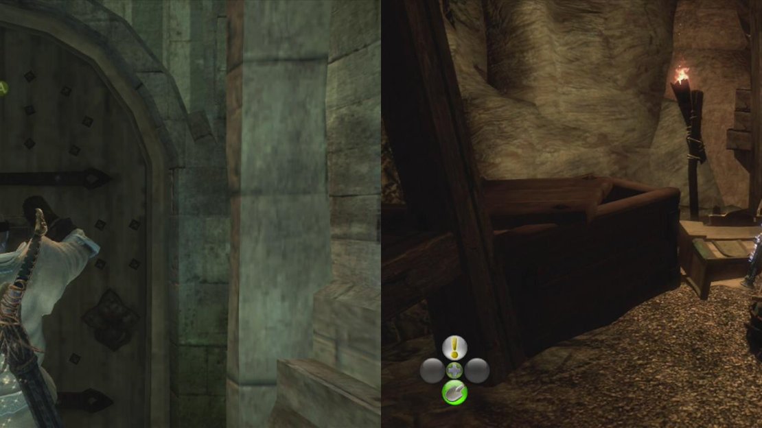 Knock on the door of the Cemetery Mansion to begin (left). The first body part is buried in the Hobbe Cave (right).
