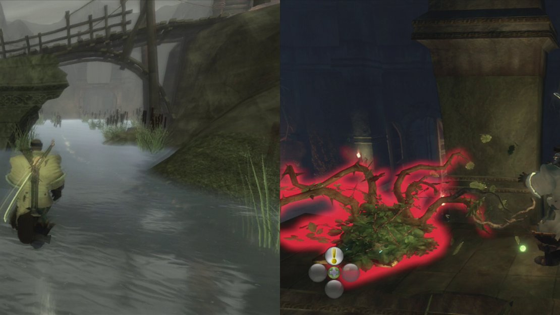 Twinblade’s Tomb can be found in Wraithmarsh by the bridge leading to Bloodstone (left). Inside, clear the shrubs int he first room to find a pressure plate (right).