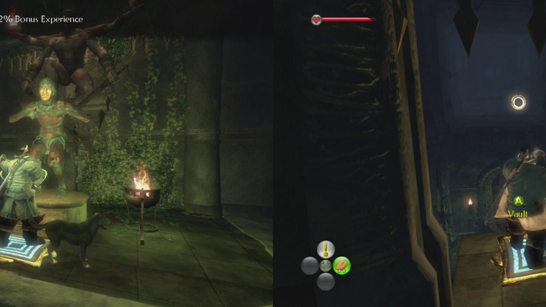 Use the chicken expression in front of the statue to open the locked doors (left). Shoot the flit switch from the platform through the left hand door to proceed (right).
