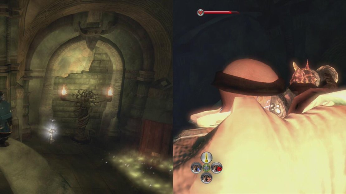 Grab the key from the large sarcophagus, the key on the right and the body from the golden marker (left) and then look above the door for a gargoyle (right).