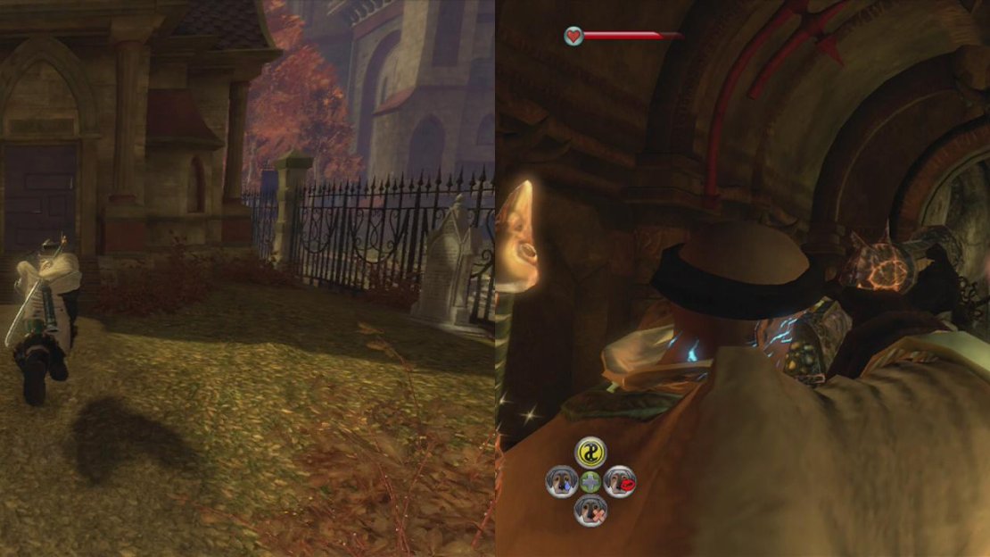 Enter Lady Grey’s Tomb in Fairfax Gardens (left). Shoot the gargoyle before jumping down the hole (right).