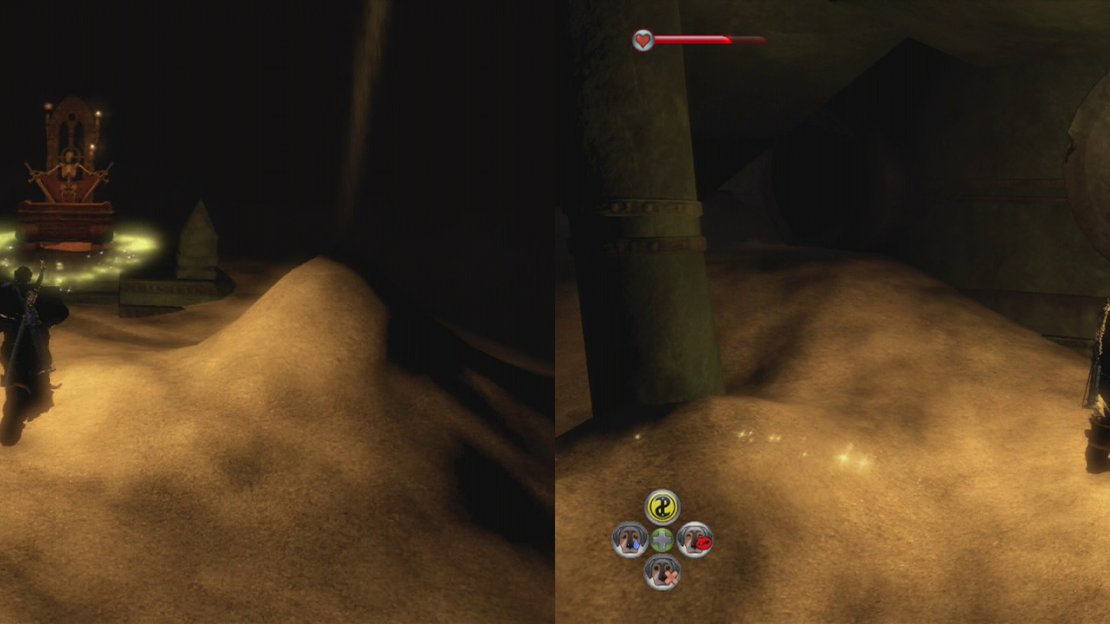 Open the glowing coffin for the body part (left) and then make your way out of the tomb. Look out for the silver key below the stairs leading to the exit (right).
