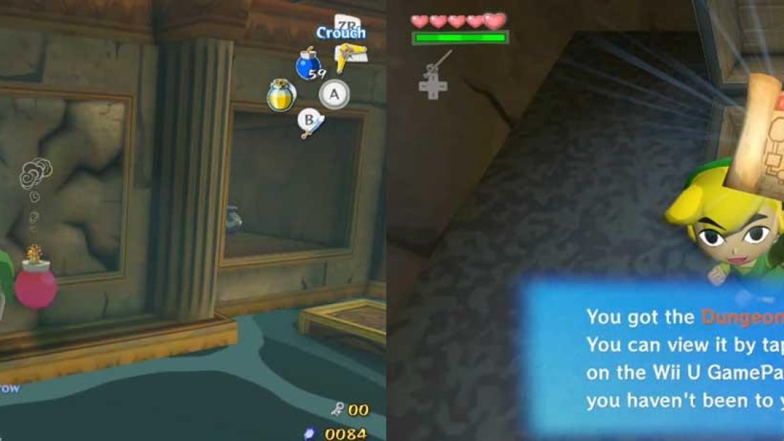 On the south side of the room, one is blocked by a cracked wall; put a Bomb beside it to break the wall. Inside the newly-revealed alcove, you’ll find the Dungeon Map. At this point, returning to the main room will make four Yellow Chuchus fall down. Defeat them and leave the room.