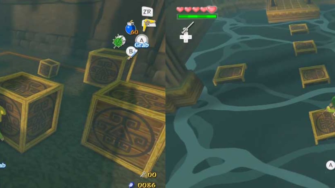 Here, you’ll have make a bridge out of the crates in the bottom of the room. The larger crates will need to be dragged along. The smaller ones can be picked up, as you already know.