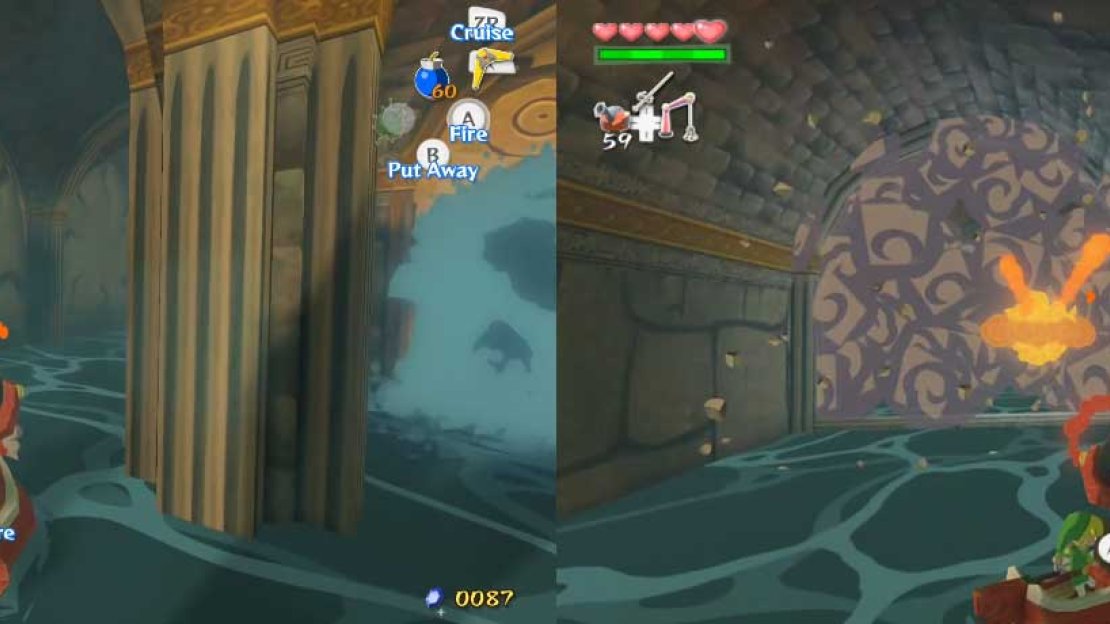Equip the Bombs and use the boat’s cannon to shoot Bombs at the wall sections. If the hit is good, the wall section will break, revealing a hole to another section.