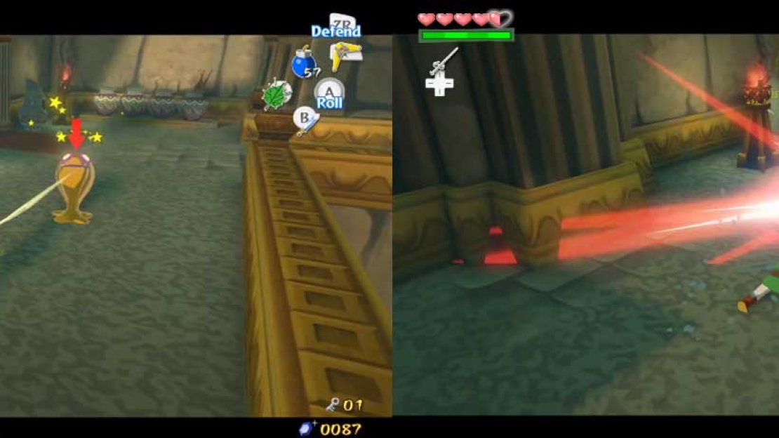Even worse, you are unable to disable them at this point!! When the water level lowers, defeat any that remain. A rainbow staircase will appear, going to another cross-bottomed-statue. Grab it and, when the water lowers, quickly leave the room.