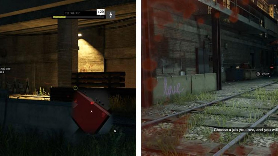 Use stealth and a silent weapon (left) or get aggressive and let Jordi help out (right).