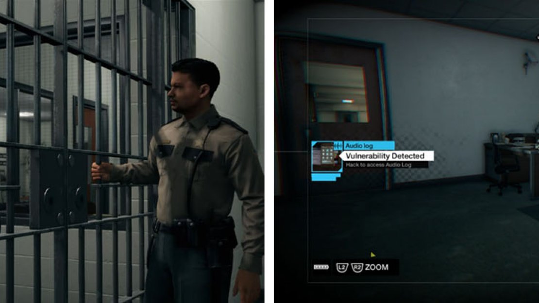 After breaking into prison (left), use the cameras to reach the top floor of the control room to get the Damien Brenks 08 audio log (right).