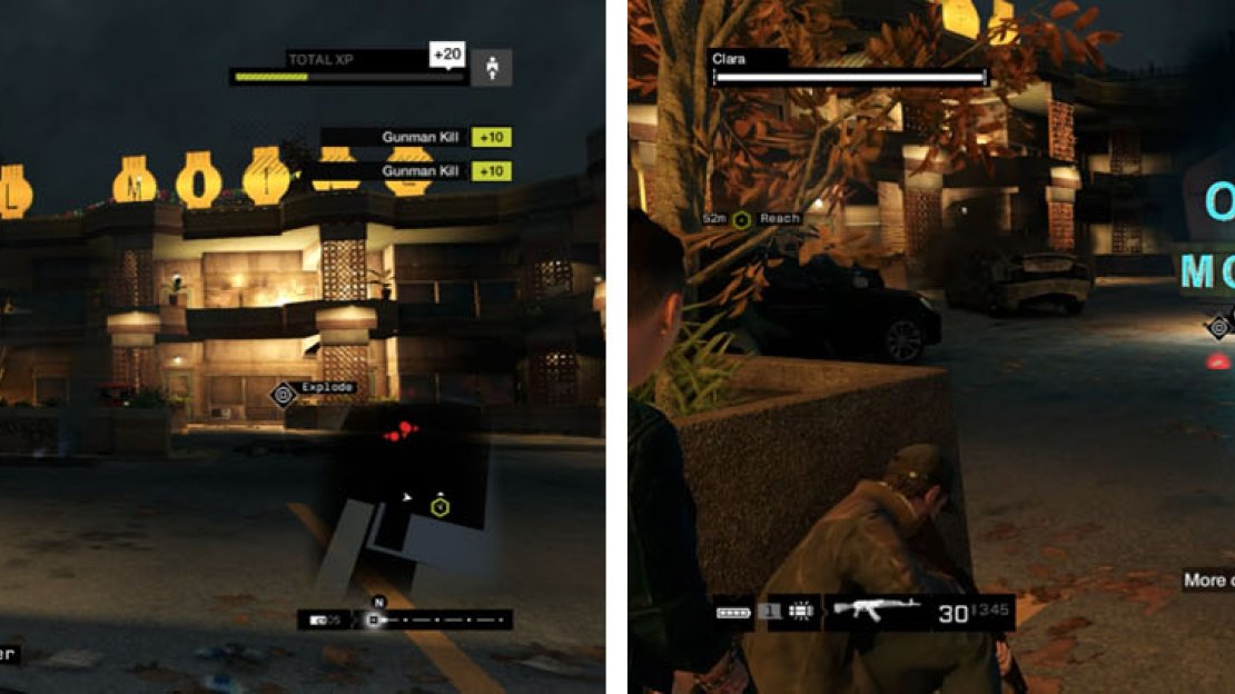 Head down to the lower level and finish off the Fixers (left) and then throw an IED or Grenade down at their reinforcements (right).