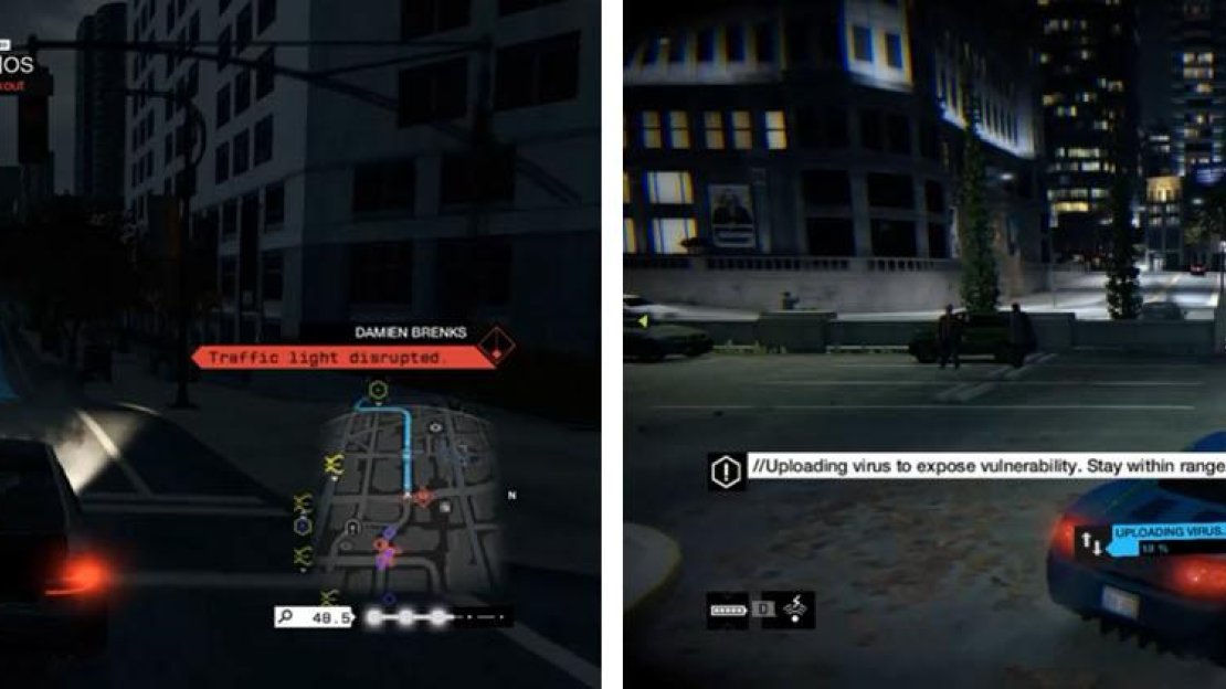 Use Blackouts to escape the police (left) and Jam Comms to keep them off you while uploading the virus (right).