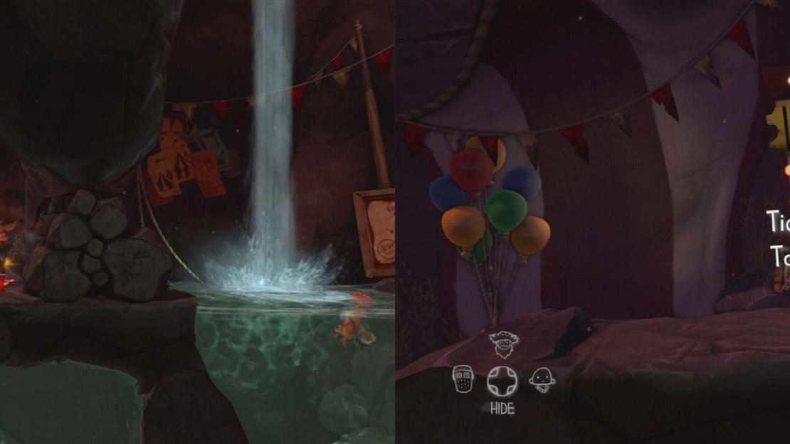 After swimming through the tunnel, blow up the wall to let your allies enter (left). Collect the Carnival Tickets and stick them into the Ticket Machine (right).