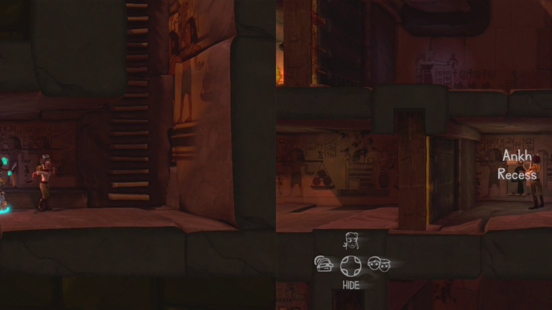 Move your characters up to the picture on the wall for an achievement/trophy (left). Grab the Ankh from below and insert it in the Ankh Recess at the top of the pyramid (right).