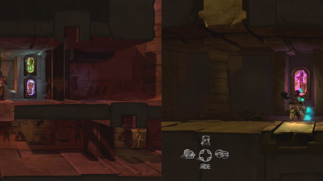 Use the adventurer to spot pictures on the walls (left). The two allies need to step on the relevant pressure plates (right).