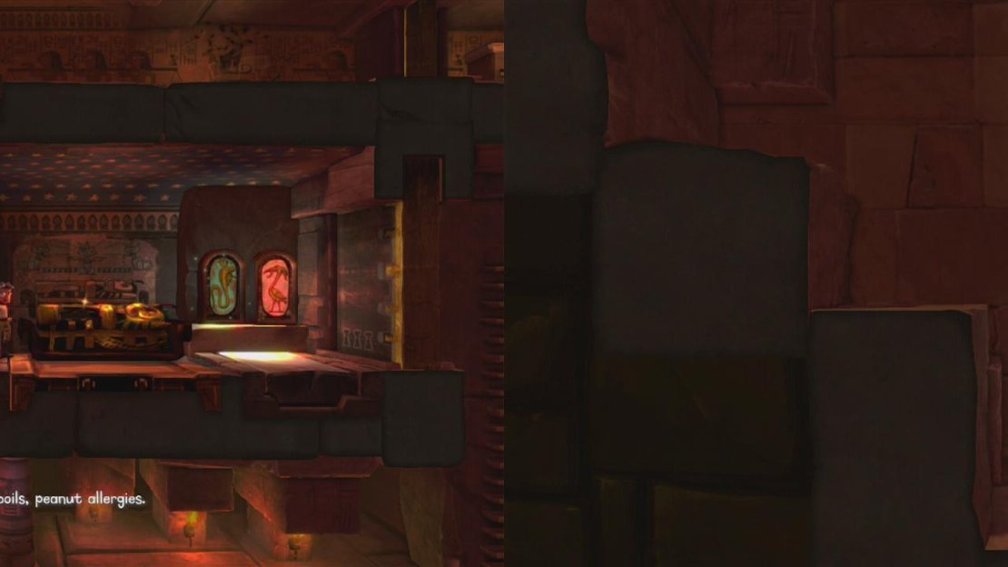 Move the sarcophagus until it starts moving downwards (left). Use the pressure plates to open the gates below it as it descends and watch out for a Cave Painting (right) on the way down.