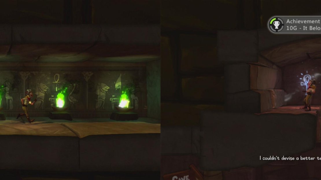 Match each of the three panels on the wall withe the three characters (left). Grab the Cave Painting as you leave the area (right).