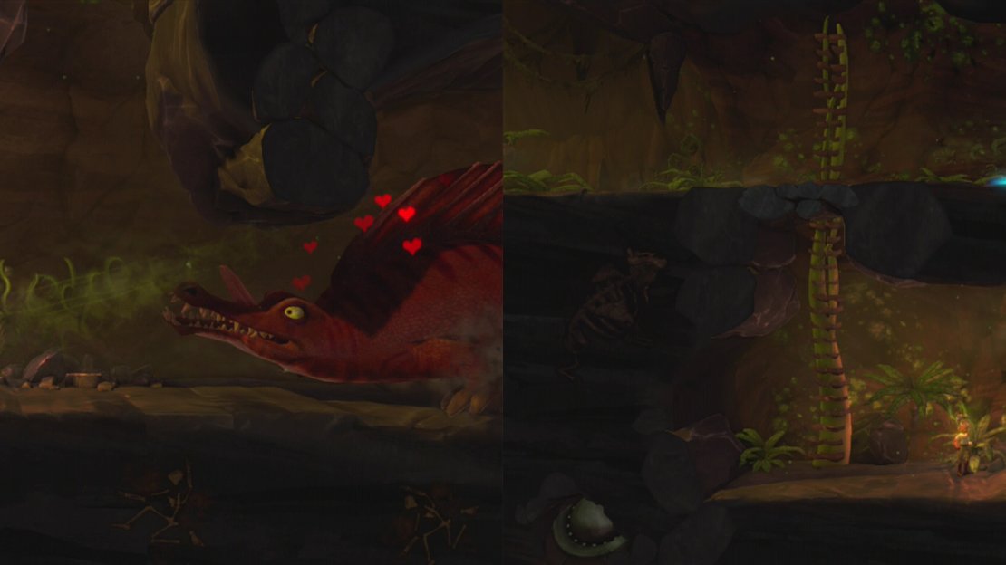 Draw the dino to the right (left) and have another character push a wheel onto its head (right).
