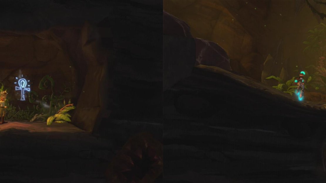 Grab the Cave Painting as you climb back up (left). Grab the rock and push it up the slope (right).