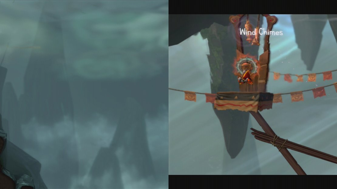 As you climb the mountain, use the monk’s special ability to remove the support (left) and to interact with the wind chimes at the top (right).