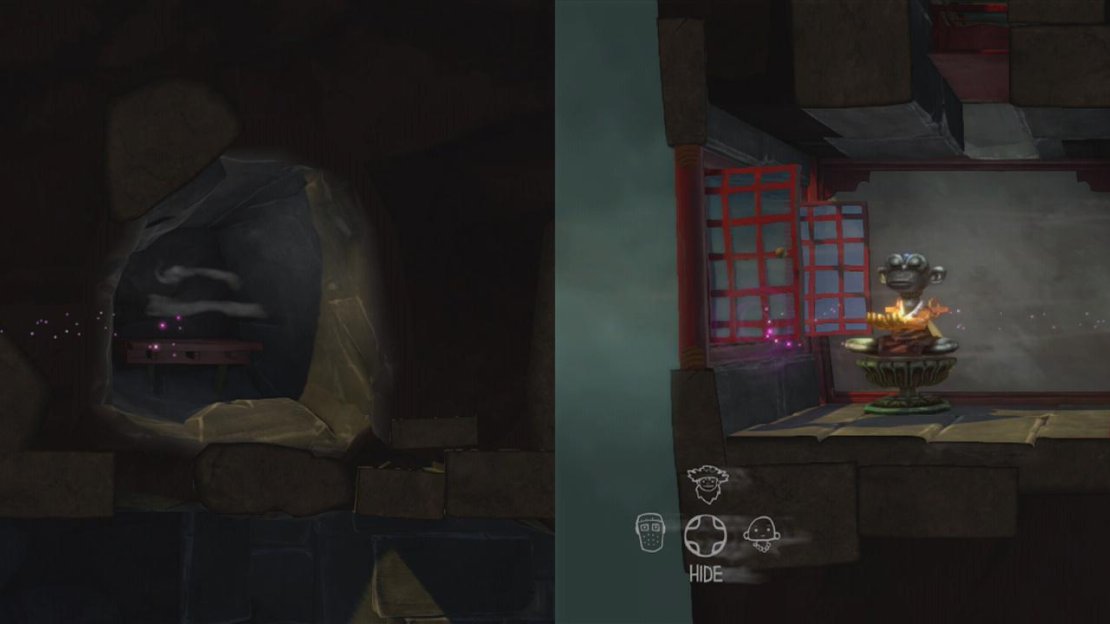 Have the monk use his ability to grab the petals from through the wall (left). Carefully make your way to the end of the hallway and close the window (right).