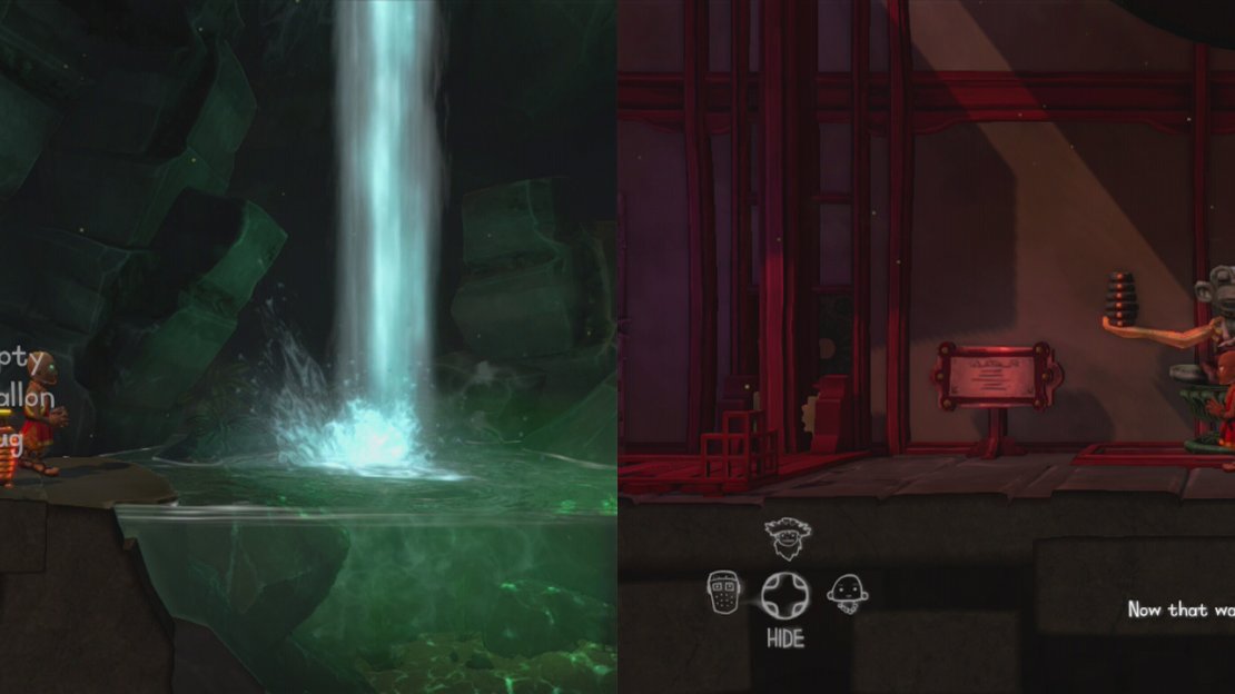Use the jugs (left) to solve the puzzle. When you have 6 gallons in the lerge jug, place it on the statue (right).