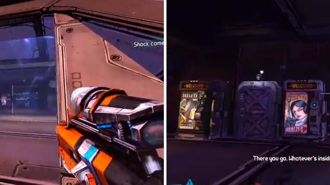 This is the entrance to the room with the safe (left). On the right is a good spot to stand when your shields are depleted and the nova goes off to shock the cameras and safe.