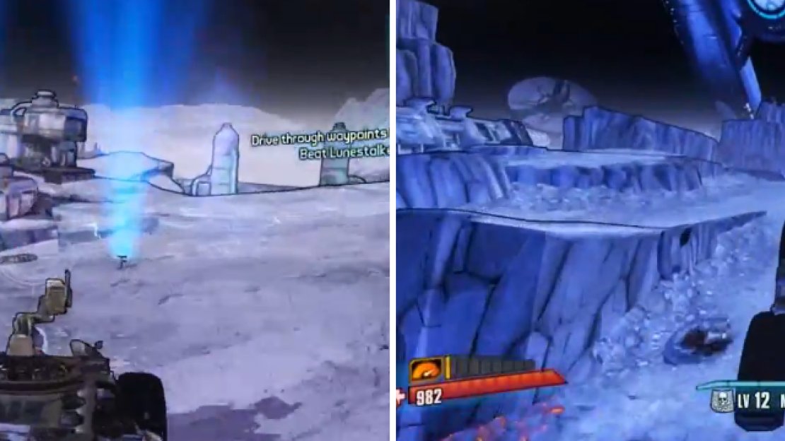 Make sure you drive through the checkpoints (left), as well as save some boost for the jump over the lava (right).