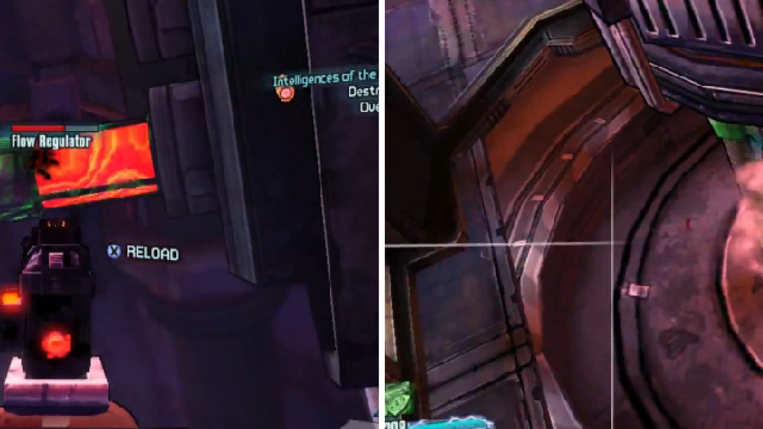 The flow regulator is near the ceiling (left), while the power stabilizer will require you to jump and shoot or jump onto something nearby (right).