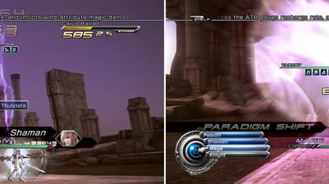 Thundara is an awesome skill when your opponent is in the Stagger state. It deals extra damage and as you can see, the numbers are prodigious (left). Always switch to Knight and use Immortality to deflect the strongest attacks (right).