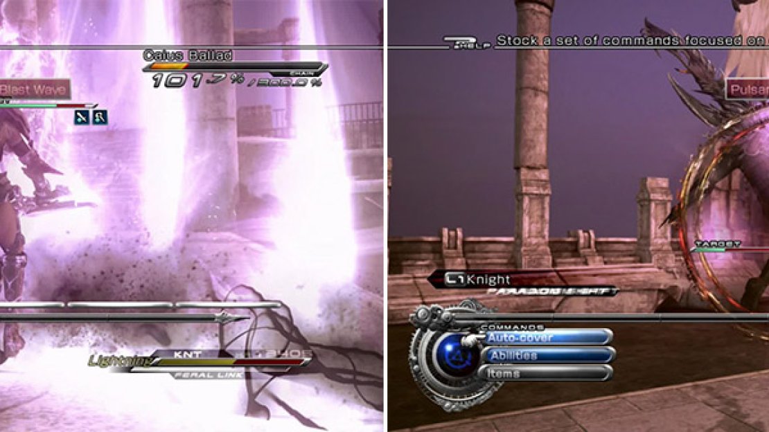 Blast Wave is very nasty, particularly early on when you are a low level. You absolutely must be in the Knight role when he makes this attack or you will most likely die (left). Pulsar Burst is the most dangerous skill in the Ravager stance and is used when you are vulnerable (right).