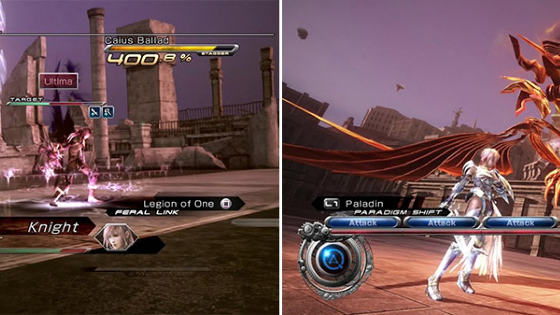 Caius starts to get really annoyed and uses Ultima when he’s below half health at higher levels (left). When Bahamut enters Gestalt mode, you know you’re in for some pain. Make sure to be in Knight for Obliterating Breath but especially Megaflare (right).
