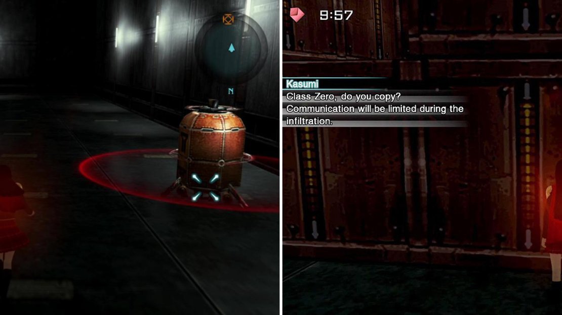 There are two types of robots which you must sneak by: the first is a Panjandrum with a red radius (left) and the second is a flying Nomad (green).