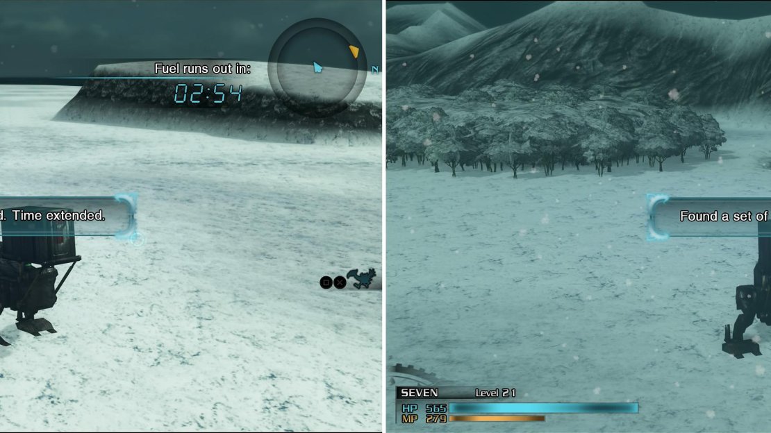You must collect fuel which can be found on the ground (left) to keep the MA going. You can also find a few items around the map (right).