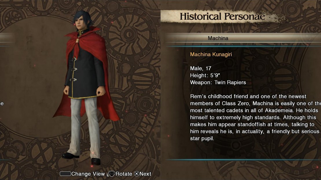 A highly sensitive character, Machina cares for his long-time friend Rem and is very protective of her. He is loyal to a fault for the causes he believes in.