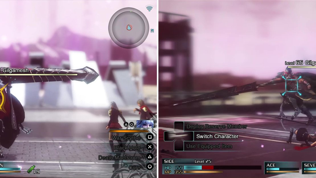 Gilgamesh can grab a character (left) if you let him get close. He will then smash them with his sword to do massive damage. He does a strong sword combo too (right).