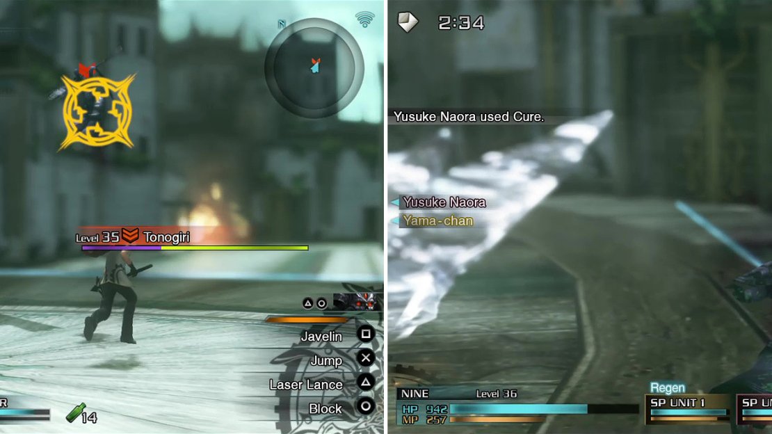 Tonogiri has a Breaksight opportunity when he leaps in the air (left) and also after he whirls his spear while on the ground (right).