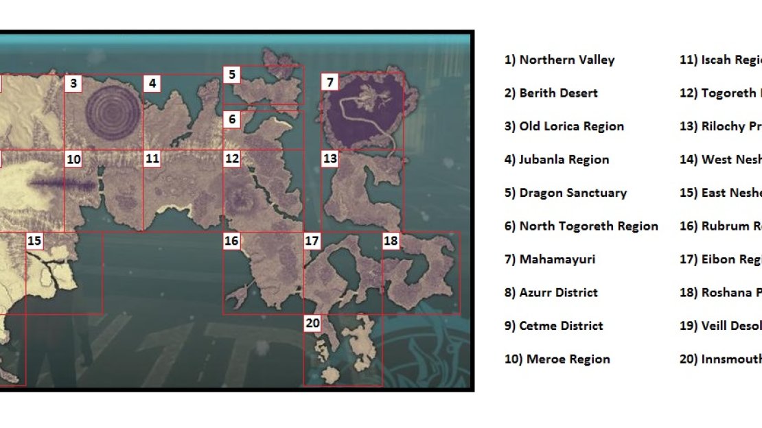 A map of the overworld, complete with the regions listed.