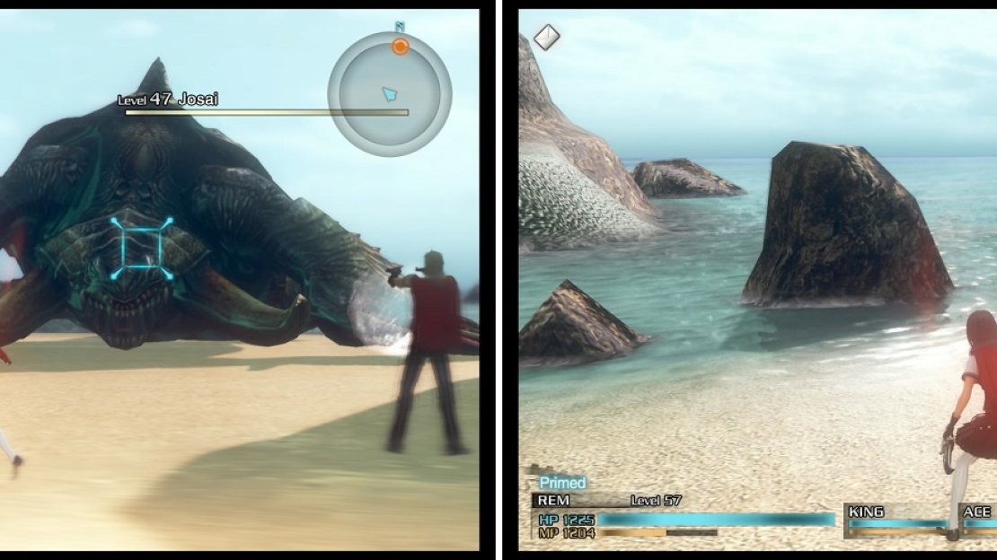 It will be hard to outdamage Josai’s regen, unless you’re very strong (left). Wait for Moglin’s order and run around on the water’s edge (right) to be transported to the next area.