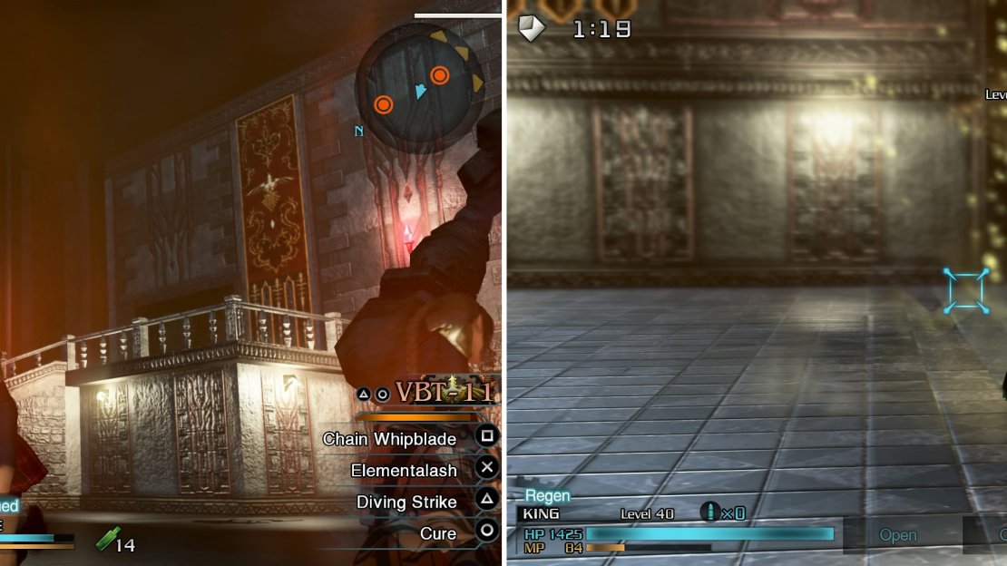 After activating the security system, a friendly Golem (left) awaits you. You don’t have to kill it, but it can be fun (right).