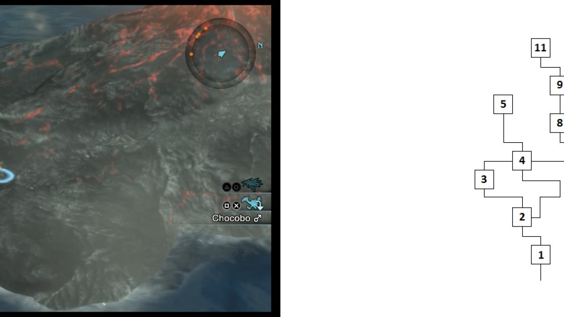 You will need to follow the path that leads around the volcano (left) to reach the entrance to this dungeon. The map of the dungeon itself is provided (right).