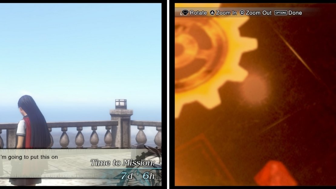 Emina can only be found on the Terrace in Akademeia (left). Giving her different presents will let you view one of eight different scenes for each tier of Sheer (right).