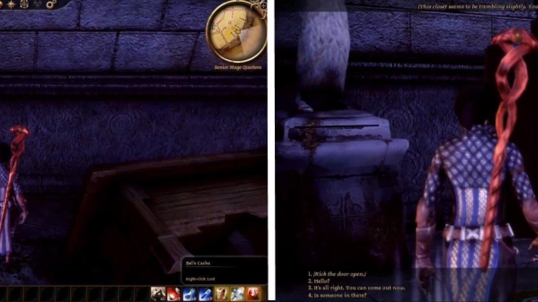 You can find Bel’s Cache in this chest (left). Godwin is found in the closet here after you clear out the demons.
