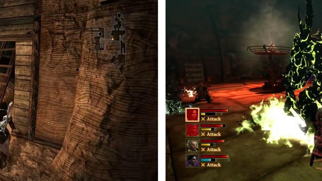 Enter the Hidden Lair (left) for a boss encounter with Hybris (right).
