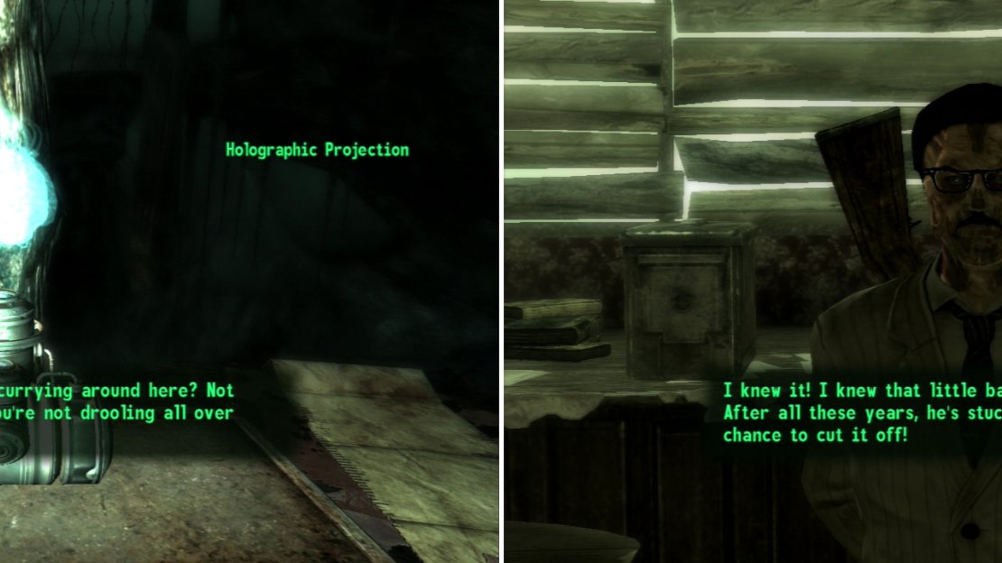 In the sea cave you’ll find a holographic projection (left) which commands the addled Tribals. Desmond will identify the source of the project as his arch-rival Calvert (right).
