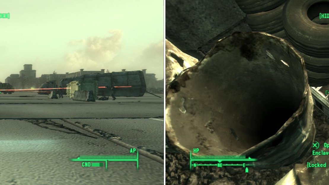 The Brotherhood will show up to lend a hand (left)… for what little good they do. Find this stash hidden under some metal drums (right)