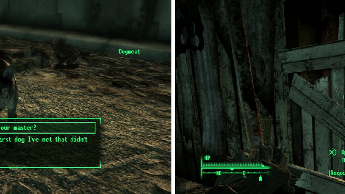 If you don’t love Dogmeat (left) you’re a bad person, and you should feel bad. You’re not getting through this door (right) without the Contract Killer perk.