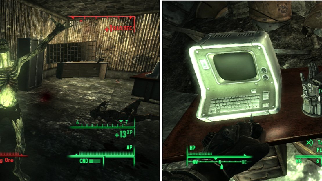 A Glowing One (left) can be a challenging for a low-level Vault Dweller, but the prize, the almighty Fisto! (right) is worth the risk.